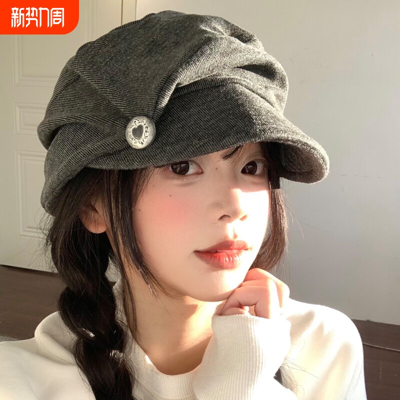 复古褶皱贝雷帽女秋冬季日系显脸小八角帽大头围画家帽子可折叠