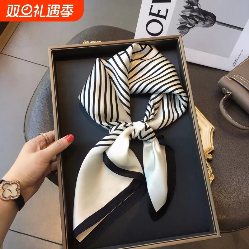 防晒新款小方巾条纹丝巾女时尚仿真丝围巾70cm领巾披肩高级红色