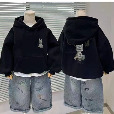2025新款儿童男童连帽上衣中大童秋冬加厚卫衣潮加绒黑色卡通有帽