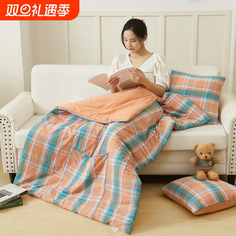 全棉水洗棉抱枕被子两用车载办公室午休空调被沙发靠垫枕头折叠被