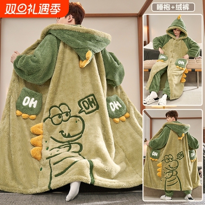 特大码300斤睡衣男秋冬珊瑚绒中长睡袍加绒加厚宽松学生家居服