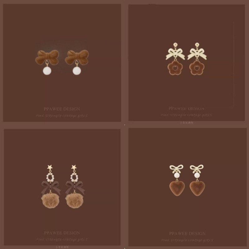 暖咖棕色毛绒耳饰高级感秋冬季美拉德蝴蝶结长款耳钉2025新款耳夹