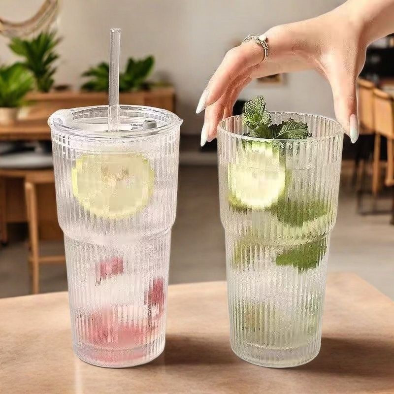 情侣对杯高颜值冷饮果汁咖啡杯带盖吸管大容量条纹玻璃杯