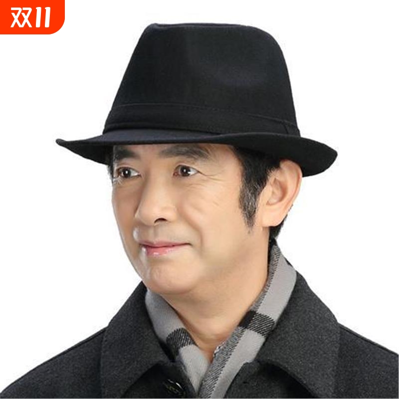 中老年人爵士帽帽子男春秋礼帽男士冬毛呢保暖秋冬冬天老人帽黑色