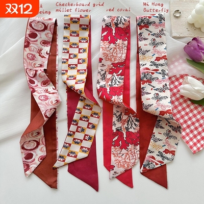 新年小长条红色丝巾女春秋冬季高级感发带绑发装饰领巾百搭绑包包