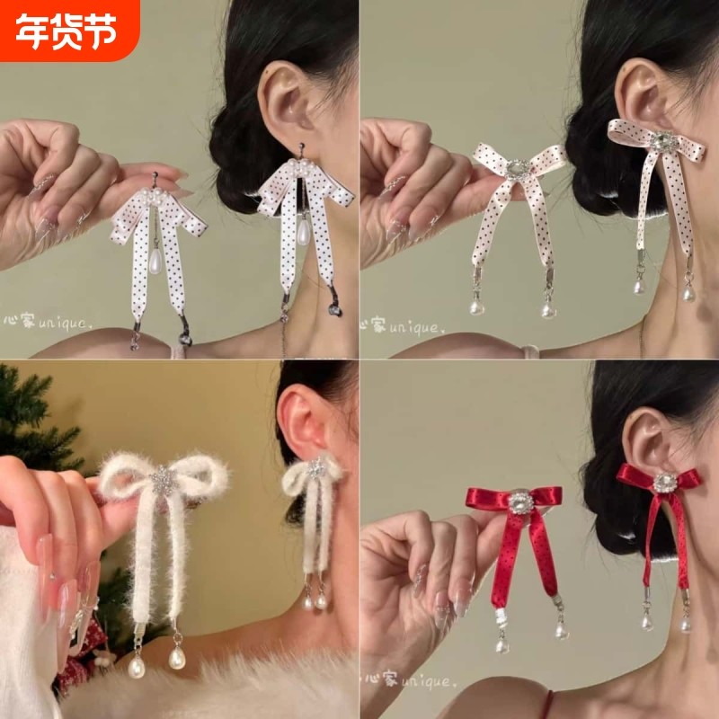 小众miu系 桃乐丝·粉色波点蝴蝶结耳环日系芭蕾丝带耳饰小众耳夹,饰品/流行首饰/时尚饰品新,耳钉,淘宝优惠券,粉丝福利购,淘宝优惠卷