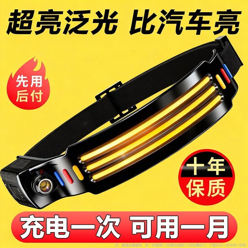 微笑鲨强光耐用头灯安全帽专用感应头戴式超亮户外COB工作头盔灯