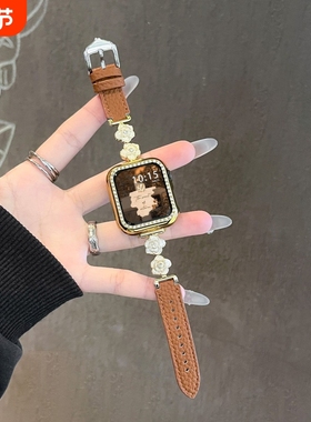 适用华为fit系列表带fit4pro鎏金山茶花fit4/fit3皮质秋冬荔枝纹创意腕带hauwei金属拼皮棕色蓝色黑色