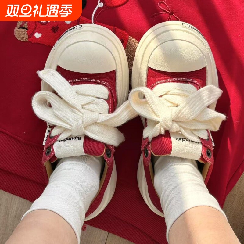 新款红白色小众设计大头鞋女校园风低帮百搭滑板鞋增高轻便帆布鞋