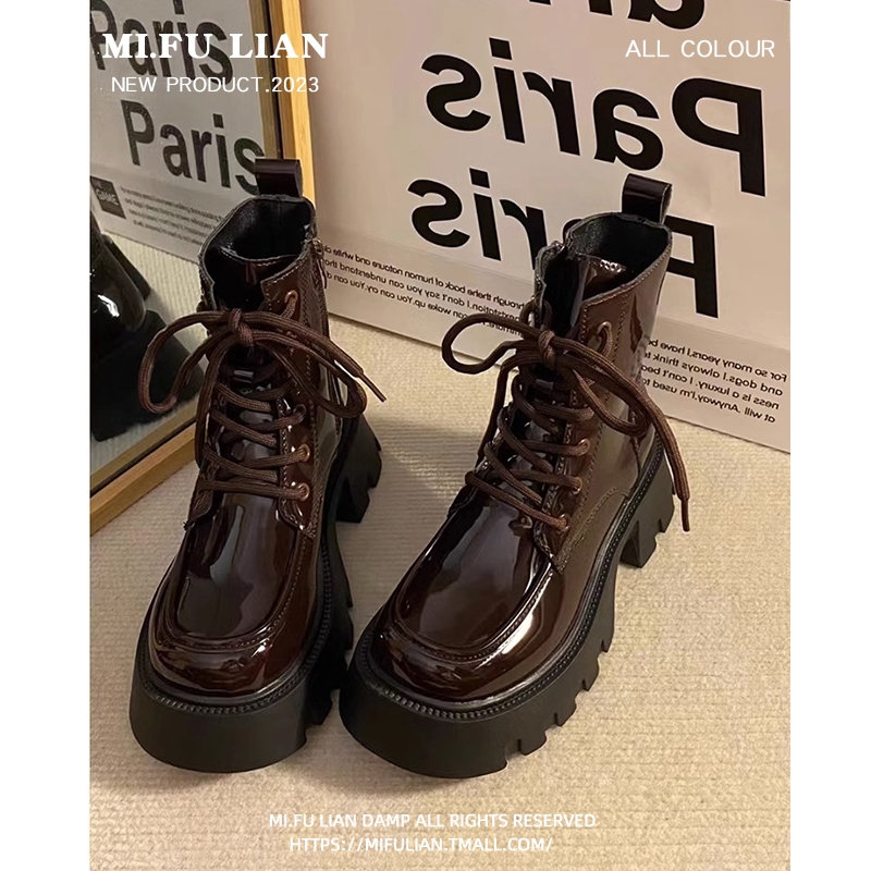英伦风马丁靴女2025新款秋冬季短筒单靴短靴复古厚底粗跟亮面靴子