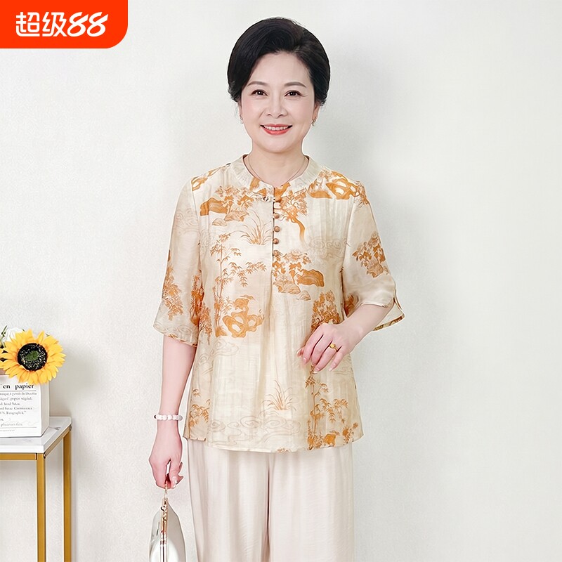 中年妈妈夏装新中式国风T恤衫女图片