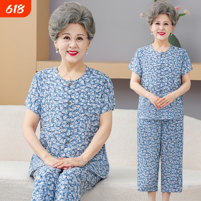 奶奶夏季棉绸套装中老年人家居服夏装短袖开衫60岁70老人衣服薄款