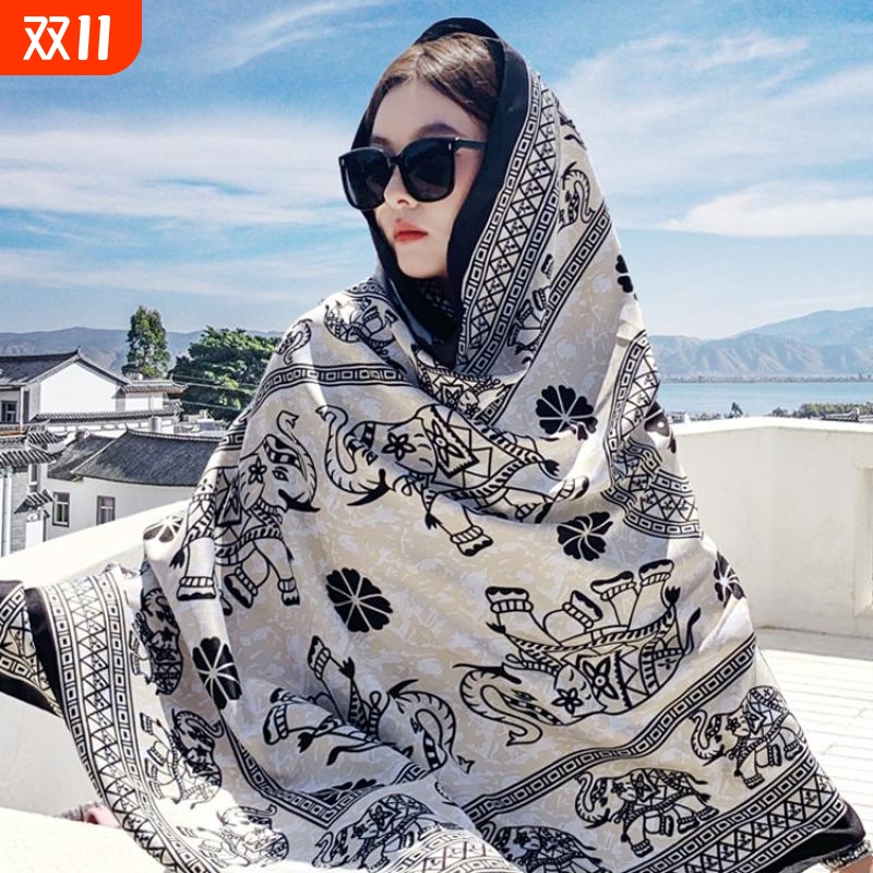 民族风围巾防晒披肩女云南青海旅游穿搭丝巾海边沙滩纱巾薄款春秋