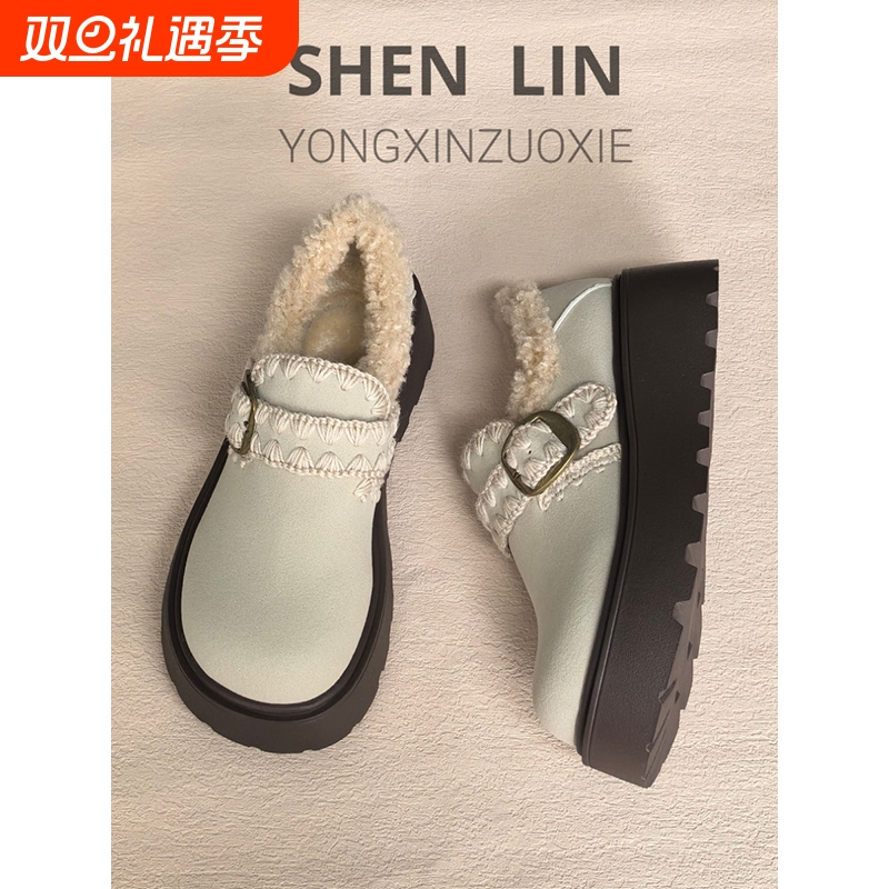 勃肯鞋百搭毛毛鞋穆勒鞋棉鞋2025年冬季新款加棉毛毛毛绒米色