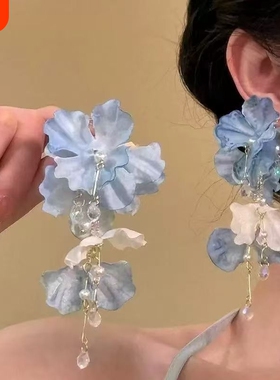玫瑰冰茶~蓝色流苏花朵耳钉女高级感度假风小众耳环绝美耳饰耳环