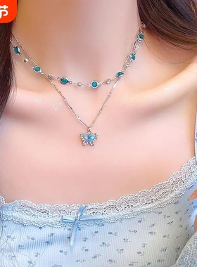 双层叠戴蓝色蝴蝶项链渐变色珍珠流苏精致甜酷辣妹情侣耳饰手吊坠