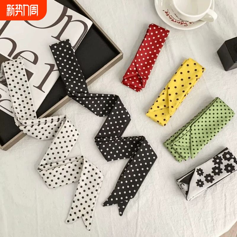 波点丝巾长条新款百搭护颈小领巾多用头巾蝴蝶结编发发带装饰腰带
