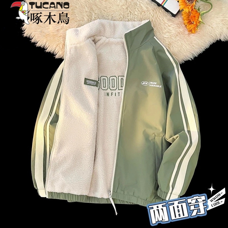 啄木鸟羊羔绒运动夹克男士春秋双面穿冬季立领保暖棉衣外套加绒