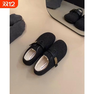 加绒保暖单鞋女2025冬季新款呢子内增高毛毛棉鞋冬天女鞋平底圆头