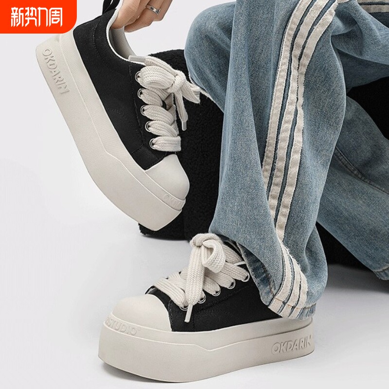 小众厚底增高板鞋黑白百搭春季休闲帆布鞋男女款米奇大头鞋子圆头