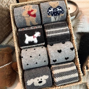 秋冬季袜子女中筒袜加绒加厚保暖日系可爱羊毛袜条纹灰色女生长袜