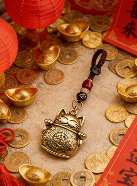 【招财猫】真黄铜暴富发财钥匙扣挂件 越磨越亮