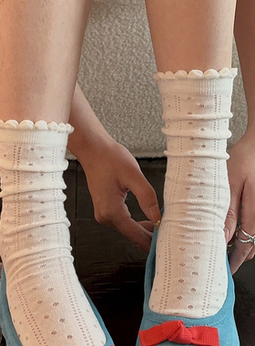 miu白色圆点袜子女中筒袜夏季薄纯棉蕾丝花边少女芭蕾风长堆堆袜