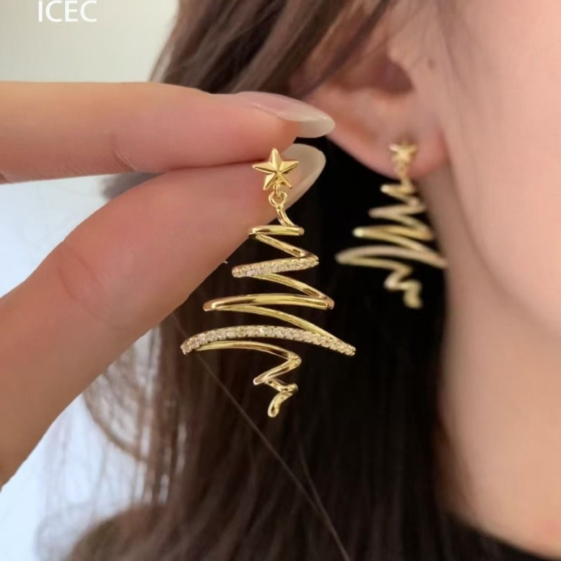 爆闪圣诞树星星耳钉无耳洞耳夹女轻奢高级感小众方圆脸秋冬耳饰