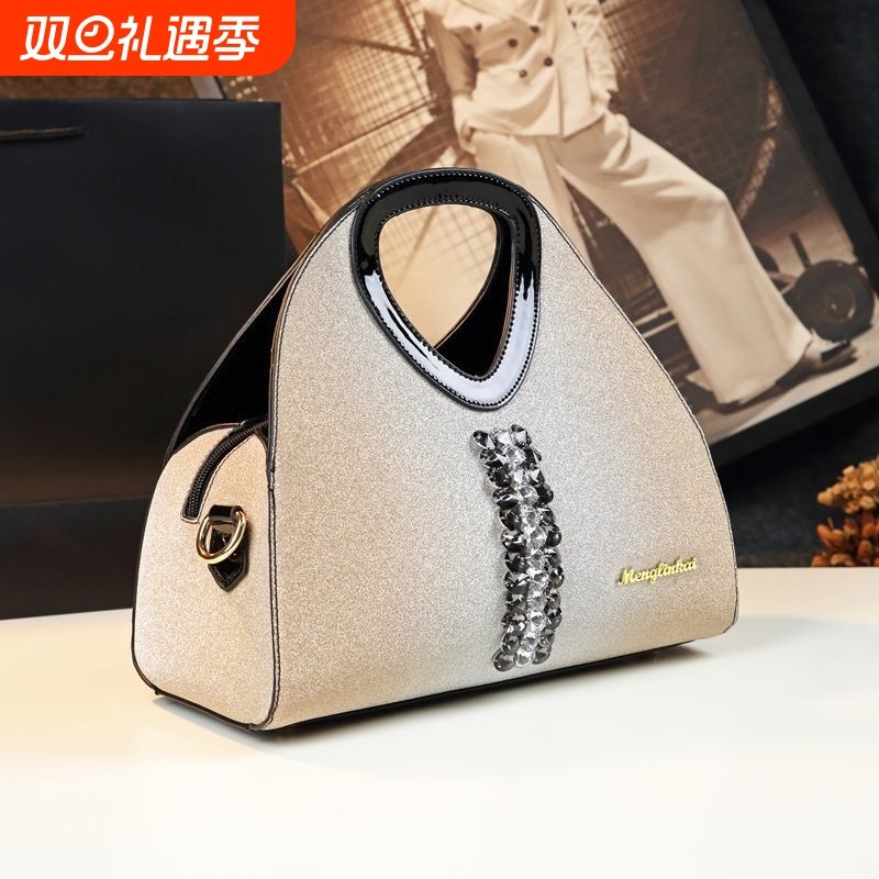 2025新款漆皮绣钻大气时尚中年妈妈包包真皮单肩斜挎包精致手提