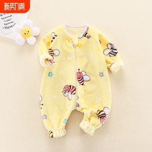 婴儿双面绒连体睡衣秋冬法兰绒男女宝宝儿童家居服防踢被小蜜蜂