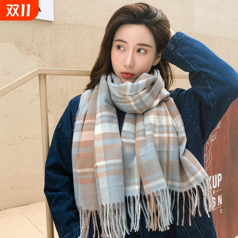 围巾新款仿羊绒彩格围巾女跨境韩版秋冬格子围巾流苏披肩围脖