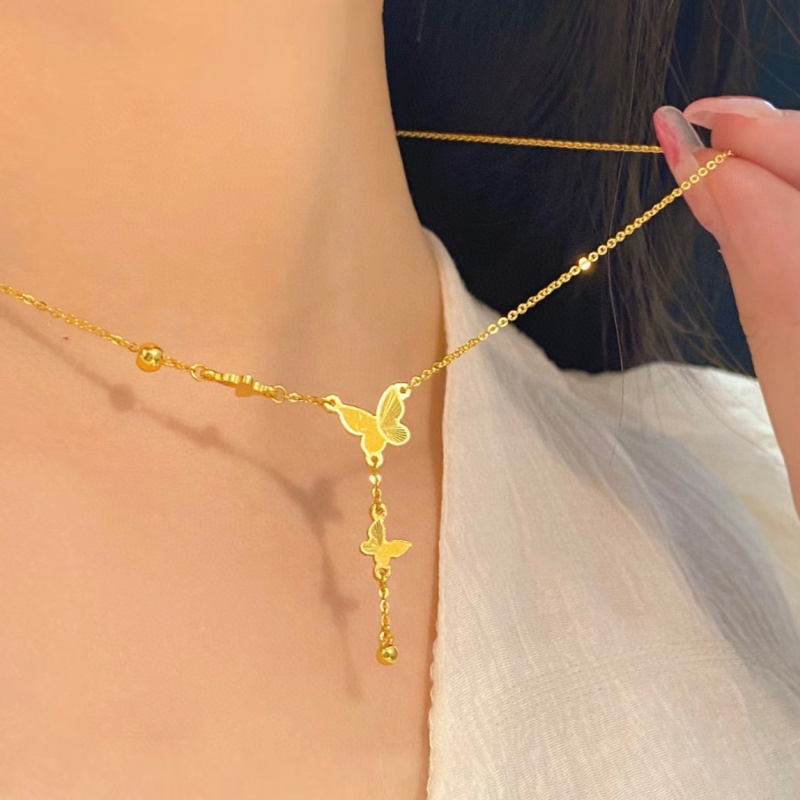 法式轻奢蝴蝶流苏钛钢项链女温柔