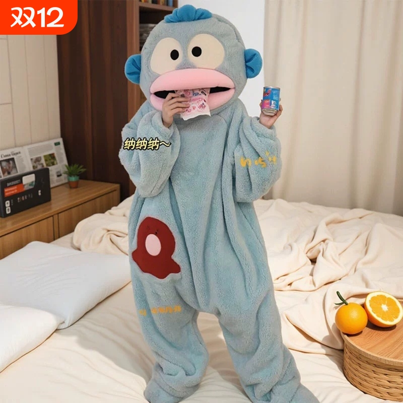 加绒加厚丑鱼汉顿搞怪连体情侣珊瑚绒抽象睡衣男女冬季卡通家居服