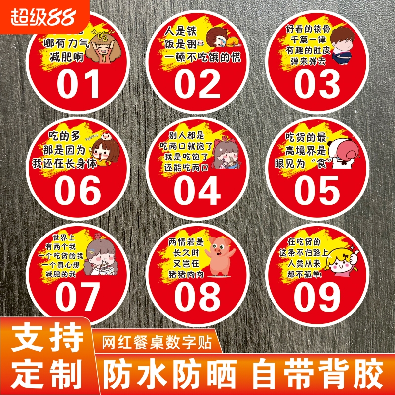 网红餐厅数字贴PVC趣味防滑桌号贴餐桌防水防油烧烤店火锅店饭店桌牌号码贴大排档数字编号码贴纸反光有趣