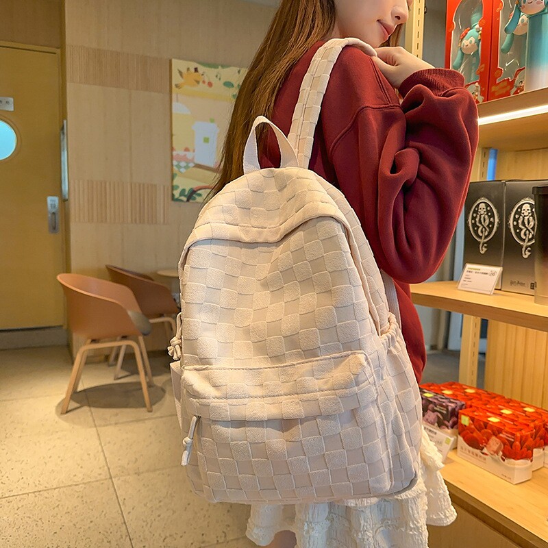 简约格子纹双肩背包初高中书包女双背包可爱学生包休闲旅行包