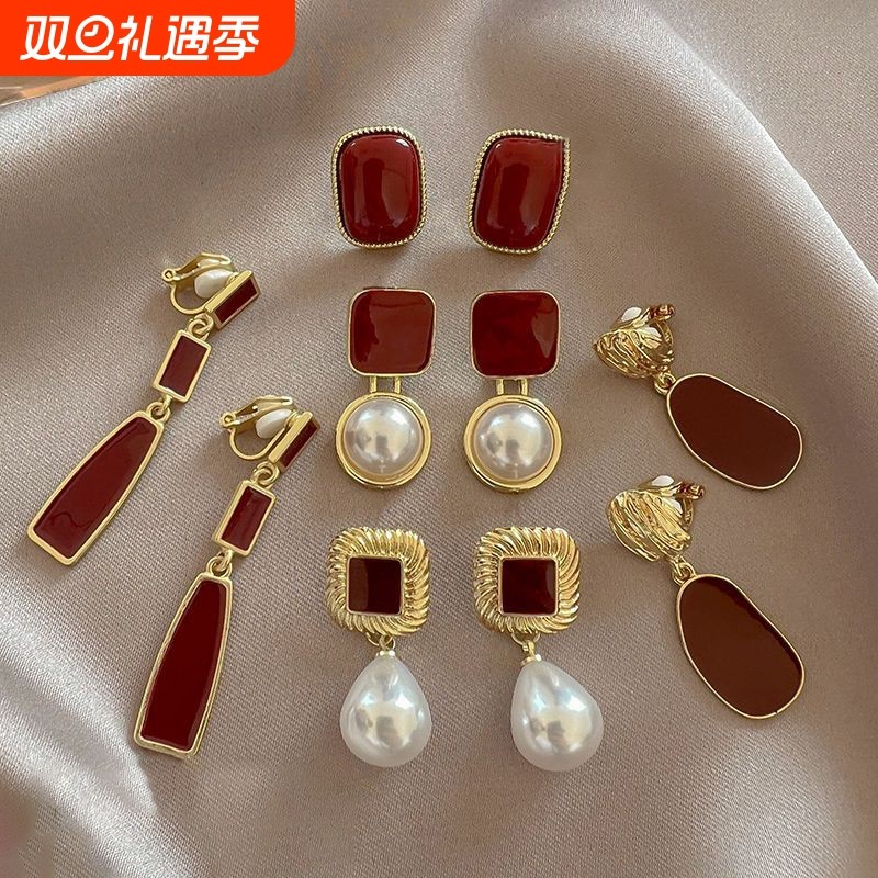 s银针珍珠复古港风女耳饰耳夹酒红耳钉耳环2025新款爆款高级感