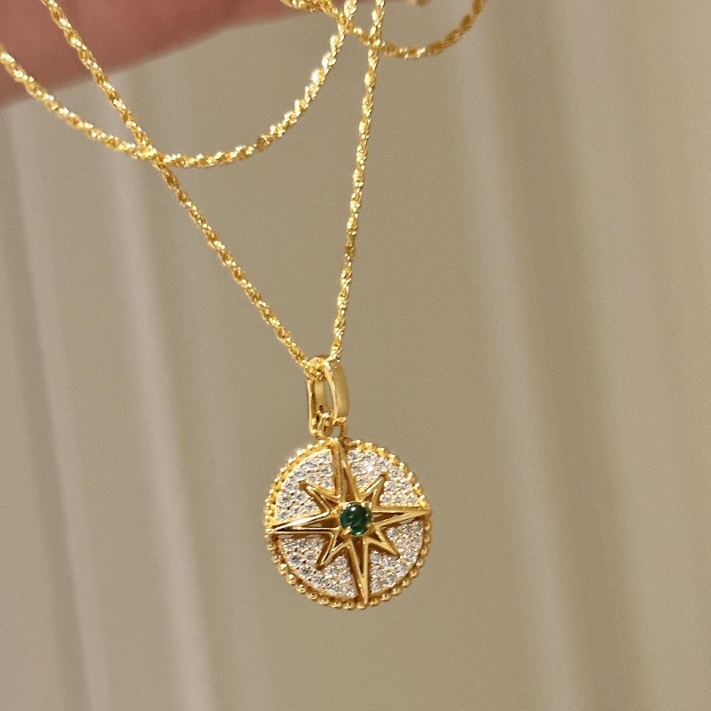 925轻奢法式复古满钻八芒星绿宝石罗盘吊坠项链时尚高级气质颈链