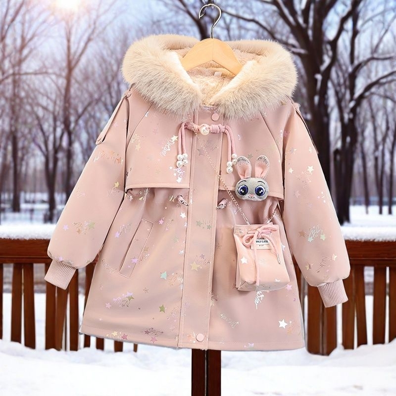 女童外套2025冬季儿童加绒加厚保暖童装秋冬派克服夹棉粉色中长款