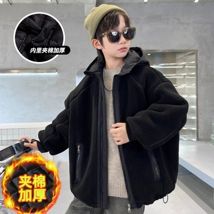 夹棉加厚羊羔绒毛毛衣潮 中大儿童秋冬款 男童冬装 加绒外套2025新款