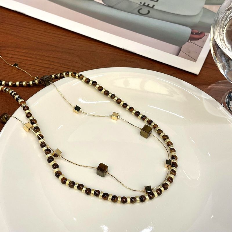 秋冬拉德新款虎眼石串珠女款项链时尚大气高级高档复古毛衣配饰