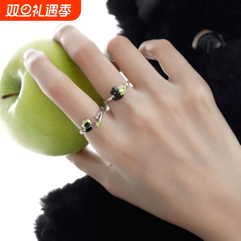 2025新款可爱黑猫青苹果戒指小众设计感甜酷情侣对戒可调节指环