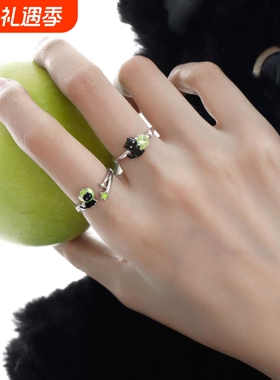 2025新款可爱黑猫青苹果戒指小众设计感甜酷情侣对戒可调节指环