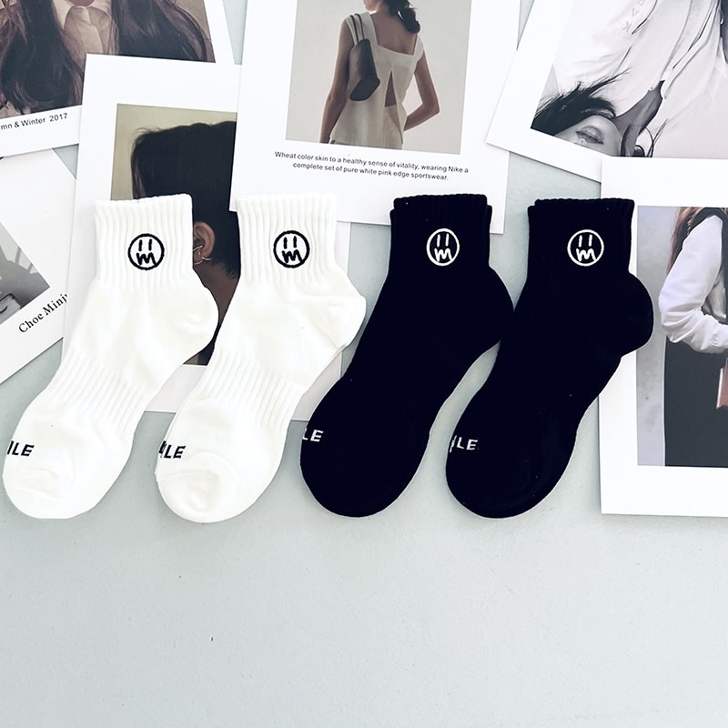 【4双吸汗防臭】韩版笑脸纯色棉袜防臭吸汗中筒袜,女士内衣/男士内衣/家居服,短袜,淘宝优惠券,粉丝福利购,淘宝优惠卷