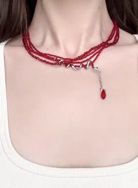 zoozmomo红色串珠灵蛇叠戴项链女小众气质高级感锁骨链潮蝴蝶结