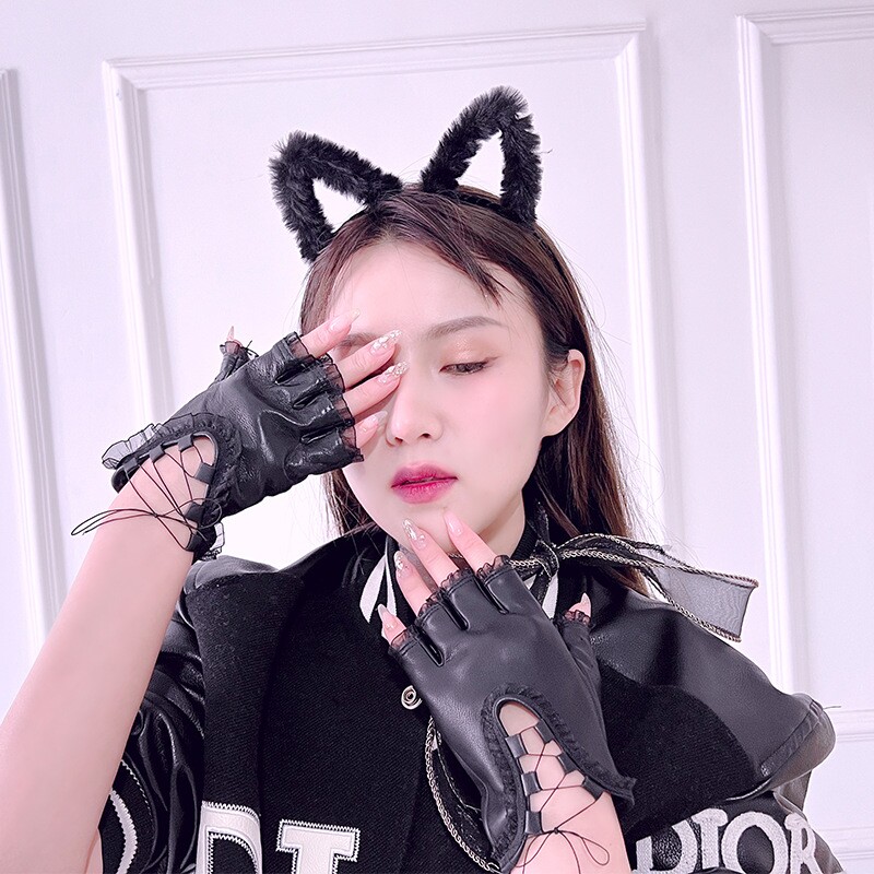 反季皮女士手套蕾丝花边运动休闲时尚舞蹈半截表演半指手套批发