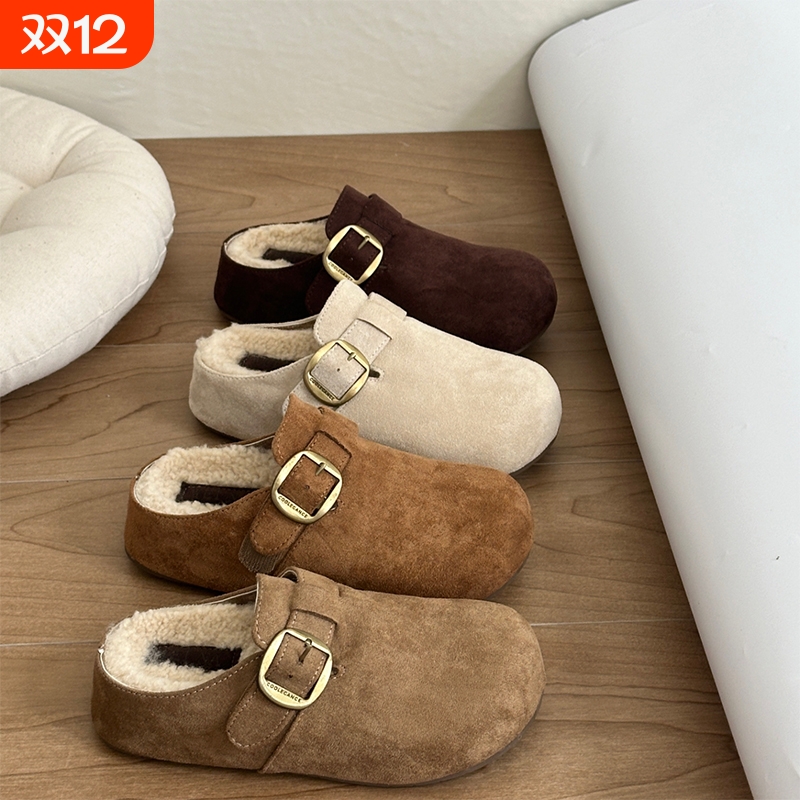 厚底内增高勃肯鞋女外穿防滑百搭加绒保暖毛毛包头半拖鞋毛绒米色