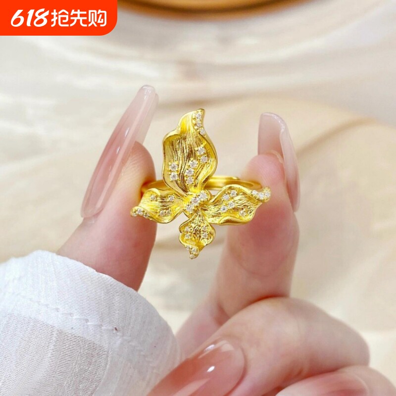 古法镂空蝴蝶锆石时尚开口戒指女复古拉丝食指戒个性小众指环饰品