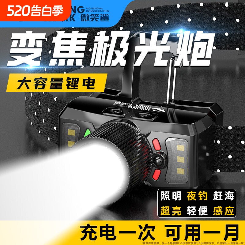 微笑鲨变焦头灯LED照明强光超亮超长续航钓鱼夜钓户外登山头戴式