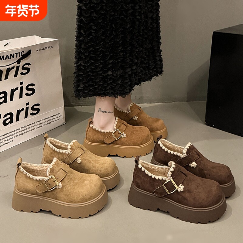 厚底加绒勃肯鞋女新款秋冬季豆豆乐福鞋保暖雪地靴低帮棉鞋子