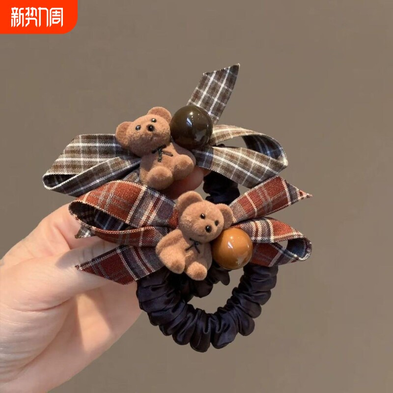 格纹蝴蝶结植绒小熊发圈韩系可爱百搭扎马尾头绳发饰秋冬新款发绳